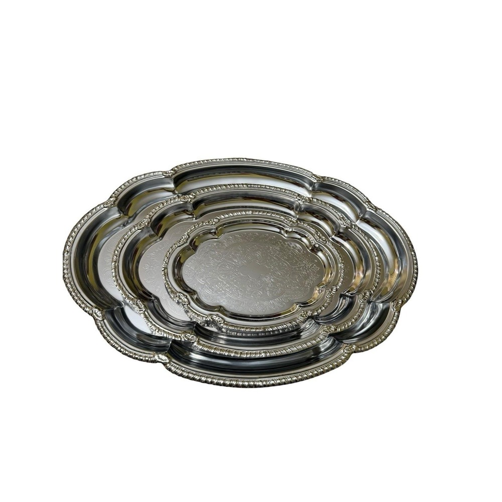 Vintage Mid-Century Elegant Oval Tray Set Bright Chrome Plated Set Of 3